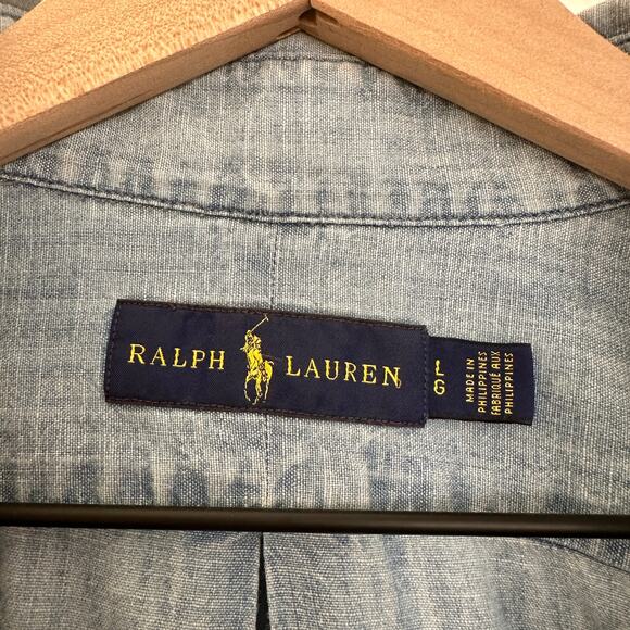 Ralph Lauren Men's Denim Blue Button Up Short Sleeve Shirt – Large - Picture 6 of 9
